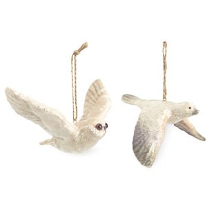 White Velvet Bird Christmas Ornaments , Owl and Bird, Set of 2