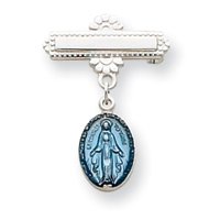 Sterling Silver Oval Blue Enameled Miraculous Medal Pin