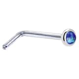 Solid 14KT White Gold 2mm Dark Blue Synthetic Opal L-Shaped Nose Ring - 20 Gauge