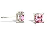 14K White Gold Square Created Pink Sapphire Stud Earrings