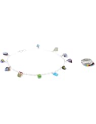 Sterling Silver Multi Color Hand -Blown Glass Beads Toe Ring and Chain Anklet, 10"