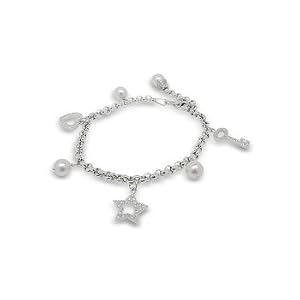 Pearl and Diamond Love Charm Bracelet - 7 inches (extendable to 8 inches) by