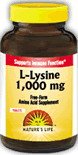 L-Lysine 250 Tabs 1000 mg ( essential amino acid, essential component of all proteins, calcium, collagen. Promotes growth, tissue, production of antibodies, cold sores, or fever blisters, lysine are fatique, loss of energy, inability to concentrate, irritability, hair loss, and anemia ) By Nature's Life
