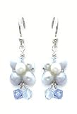 Earrings - Sterling Silver Pearl & Blue Crystal Dangle Earrings