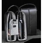 Genuine Black Leather Wine Caddy Carrier for Two Bottles Includes Bottle Opener
