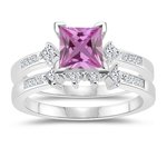 0.48 Cts Diamond & 1.04 Cts Pink Sapphire Matching Ring Set in 14K White Gold
