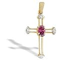14K Yellow Gold Genuine Oval Pink Tourmaline and Diamond Cross Pendant