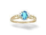 14K Yellow Gold Genuine Oval Blue Topaz and Diamond Filligree Ring