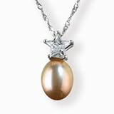 Natural Gold 7.5-8mm Radiant Star Cubic Zirconia 14k Gold Cultured Pearl Pendant w. Gold Chain Necklace - by Dahlia Classic Jewelry Collection