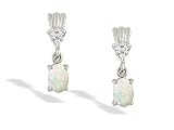 14K White Gold Genuine Oval Opal and Diamond Dangle Drop Earrings