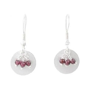 Round Brushed Satin Disc Dangle Earrings in Sterling Silver with Garnet Gemstone Bead Clusters, #8173
