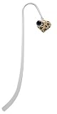 Tan Cheetah Print Heart Silver Plated Charm Bookmark with Jet Black Swarovski Drop