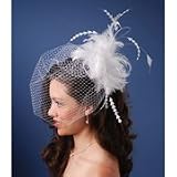 White Feather Accented Birdcage Veil with Comb for Weddings, Prom, Costume or Party