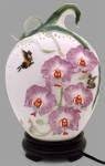 Orchid and Buttterflies Handpainted Porcelain Lamp 3 Dimensional Butterfly