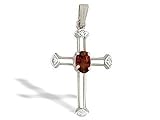 14K White Gold Genuine Oval Garnet and Diamond Cross Pendant