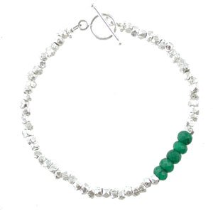 Green Emerald Gemstone and Sterling Silver Rock Bead Toggle Bracelet, 7" long, #8074