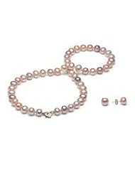 Matching 3-Piece Pink & White Multicolored Necklace, Bracelet & Stud Earrings Set, Freshwater Cultured Pearls, 925 Sterling Silver