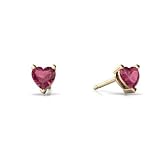 14K Yellow Gold Heart Genuine Pink Tourmaline Stud Earrings