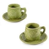 Celadon ceramic cup and saucer set, 'Northern Charm' (pair)