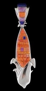 Southwest Native American Spiny Oyster and Lapis Inlaid Corn Pendant in Sterling Silver by Earl Plummer, #TP237
