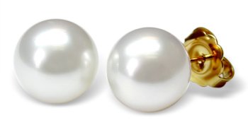 10mm natural color white Australian south sea cultured pearl earring studs set in 18k yellow gold