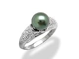 Tahitian Black Pearl Ring with Diamond in 14K White Gold