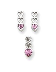 Sterling Silver Pink CZ Heart Earrings and Pendant Set