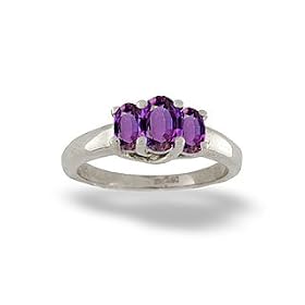 14K White Gold Genuine Oval Amethyst 3-Stone Ring by Jewels For Me
