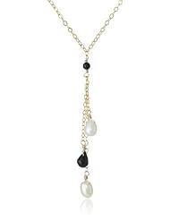 Multi-Drop White Rice Freshwater Cultured Pearl and Black Onyx Teardrop on Gold over Silver Chain Necklace, 16"+2" Extender