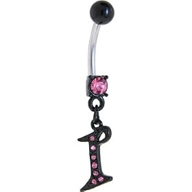Black Anodized PINK Jeweled Initial Belly Ring-LETTER "I" by 