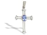 14K White Gold Genuine Oval Tanzanite and Diamond Cross Pendant