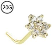 14KT Yellow Gold L Bend Nose Stud Ring 4.5mm Christina Flower Cluster CZ 20G FREE Nose Ring Backing