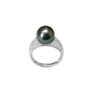 Size 7 18K white gold Eunice Black Tahitian south sea cultured pearl and... by American Pearl