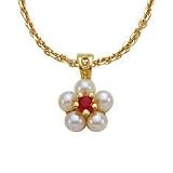 Cultured White Pearl & Ruby Pendant in 14K YG