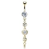 Four Round Clear Cubic Zirconia Vintage Dangle Belly Ring - Gold Plated - 14G - 3/8 Bar Length - Sold Individually