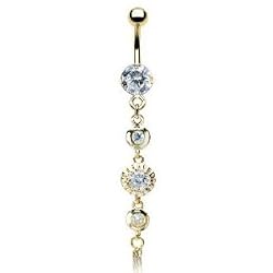 Four Round Clear Cubic Zirconia Vintage Dangle Belly Ring - Gold Plated - 14G - 3/8" Bar Length - Sold Individually
