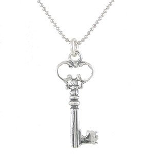 Antique Key Pendant or Charm in Sterling Silver on a 16" Sterling Silver and Rhodium Diamond Cut Ball Chain, #8708