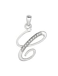 Letter "C" Initial Pendant Necklace with 10 Sparkling Genuine Diamonds, Sterling Silver - All Alphabets Available