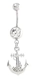 Stainless Steel Belly Ring with Clear Crystals - Dangling Anchor