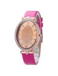 Fashion Oval Dial Wristwatch with Quartz Movement/Rhinestone Decoration/PU Leather Band for Woman - Pink Band...