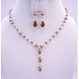 BRD655 Bridal Jewelry Bronze Pearls Smoked Topaz Crystals Handcrafted Custom Jewelry Y Shaped Necklace Set Bridal Jewelry Set With Gift Box