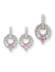Sterling Silver Pink & Clear CZ Earrings And Pendant Set