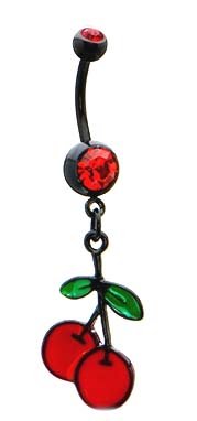 Black Barbell Red Cherry's Cherries goth Dangle Belly button Navel Ring 14 gauge