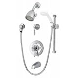 Symmons Deluxe Temptrol pressure balancing mixing valve with white insert handle, diverter tub spout and wall/hand shower DS-96-600-B30-V-231-LPO