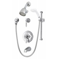 Symmons Deluxe Temptrol pressure balancing mixing valve with white insert handle, diverter tub spout and wall/hand shower DS-96-600-B30-V-231-LPO
