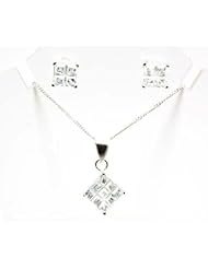 Toc Sterling Silver Cz Princess Cut Look Pendant and Stud Earring Set
