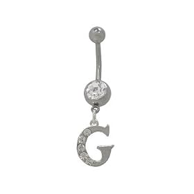 Initial G Dangler Belly Button Ring with Clear Jewels