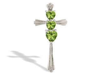 14K White Gold Genuine Heart Peridot and Diamond Cross Pendant