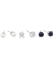 Sterling Silver Sapphire, White Topaz and Chinese Freshwater Cultured Pearl (4.5-5mm) Stud Earrings Set