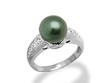 Tahitian Black Pearl Ring with Diamond in 14K White Gold